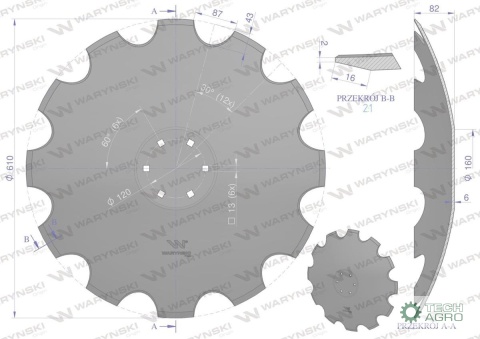 Talerz, uzębiony Z-12 fi 610 mocowanie6/120 grubość 6 mm stal borowa prosta piasta, Tolmet, Waryński Talerz, uzębiony Z-12 fi 610 mocowanie6/120 grubość 6 mm stal borowa prosta piasta, Tolmet, Waryński