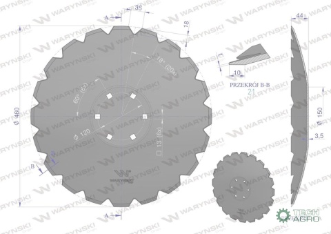 Talerz, uzębiony Z-20 fi 460 mocowanie6/120 grubość 3,5 mm stal borowa prosta piasta, Tolmet, Waryński Talerz, uzębiony Z-20 fi 460 mocowanie6/120 grubość 3,5 mm stal borowa prosta piasta, Tolmet, Waryński