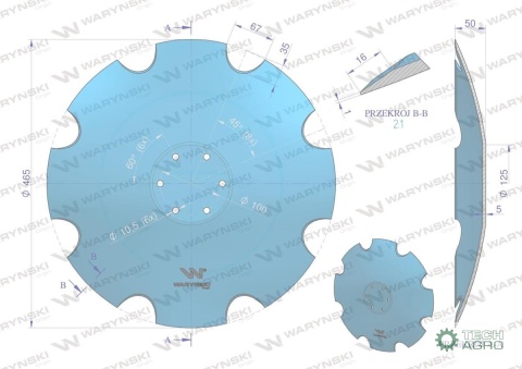 Talerz, uzębiony Z-8 fi 465 mocowanie6/100 grubość 5 mm stal borowa, Lemken Helidor 3490471, Waryński Talerz, uzębiony Z-8 fi 465 mocowanie6/100 grubość 5 mm stal borowa, Lemken Helidor 3490471, Waryński