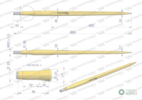 Ząb ładowacza uniwersalny prosty L- 880mm na tuleję od zębów Z Tur WARYŃSKI