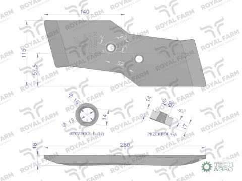 Dłuto lewe, nakładka lemiesza obracalnalewa 14mm 622129 zastosowanie Kuhn stal borowa, Royal Farm
