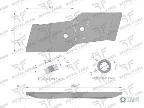 Dłuto prawe, nakładka lemiesza obracalna prawa 14mm 622128 zastosowanie Kuhn stal borowa, Royal Farm