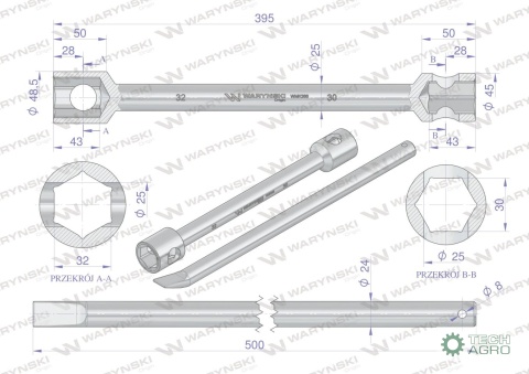 Klucz do kół , 395 mm długości rozmiar 30x32 mm z łyżką, do prac montażowych i demontażowych w mechanice , Waryński