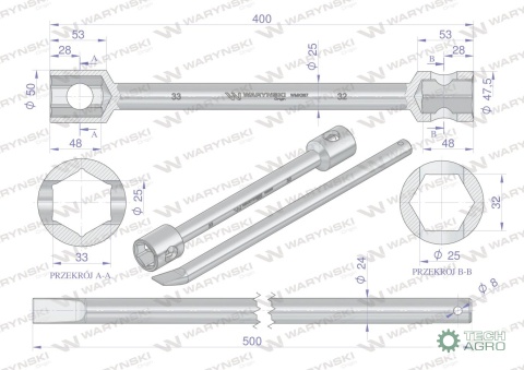 Klucz do kół , 395 mm długości rozmiar 32X33 mm z łyżką, do prac montażowych i demontażowych w mechanice , Waryński