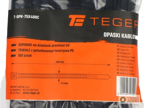 Opaski kablowe -S , opaska kablowa, opaski zaciskowe, tyrytytki, trytytki, 7.5 x 400mm 100 szt w worku czarne odporne na UV, Teg