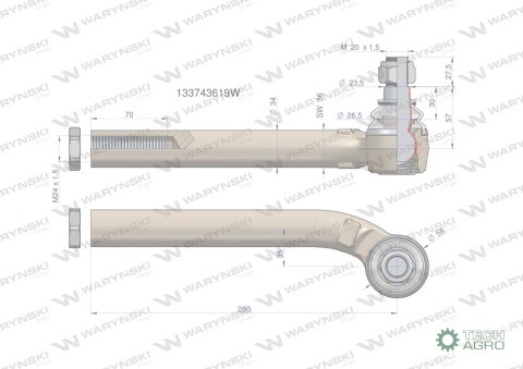 Przegub kierowniczy lewy 280mm- M24x1,5133743619 WARYŃSKI