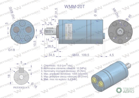 Silnik hydrauliczny orbitalny WMM 20cm3/obr (100 bar / max.140 bar) przyłącza tylne Waryński Silnik hydrauliczny orbitalny WMM 20cm3/obr (100 bar / max.140 bar) przyłącza tylne Waryński