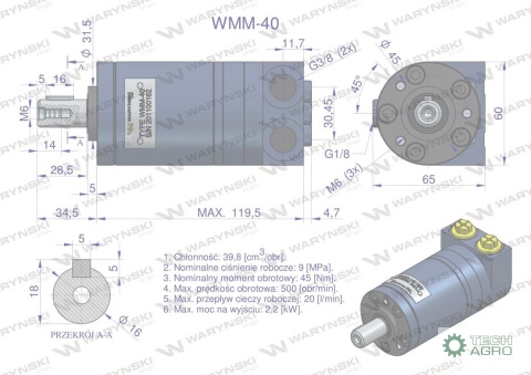 Silnik hydrauliczny orbitalny WMM 40cm3/obr (90 bar / max.140 bar) Waryński
