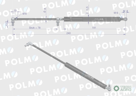 Siłownik szyby przedniej szyby drzwi L max. 240mm 04414158P CASE IH DEUTZ POLMO