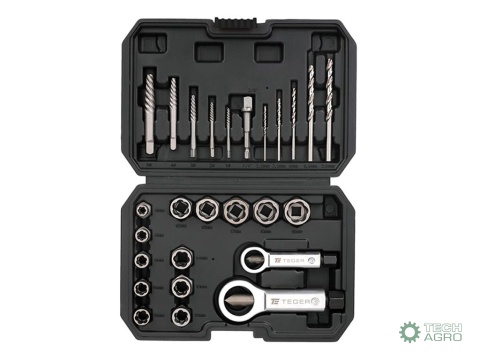 Zestaw wykrętaków i nasadek do uszkodzonych śrub, nakrętek i szpilek 26 szt - kute/ stal Cr-Mo, Teger