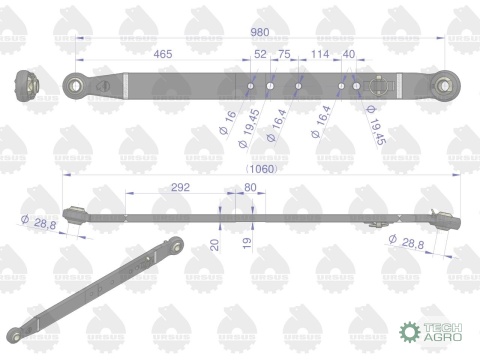 Cięgło dźwignia dolna (L-980mm) MF-255,3512, 3514 MF3 ORYGINAŁ URSUS