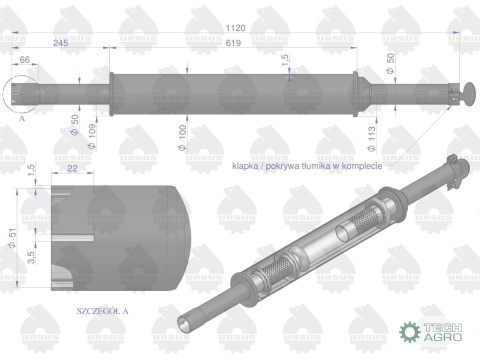 Tłumik 1120mm 3029104M1 5,2kg MF3 C-3603P (prosty) ORYGINAŁ URSUS