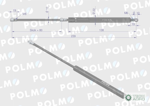 Siłownik drzwi L max. 239mm 4428680P DEUTZ HÜRLIMANN LAMBORGHINI SAME POLMO