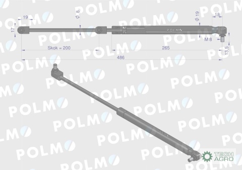 Siłownik szyby przedniej tylnej drzwi Lmax. 486mm 3904695M1P MASSEY FERGUSON POLMO