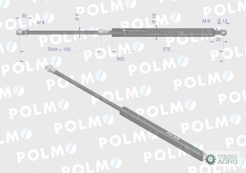Siłownik szyby przedniej tylnej drzwi Lmax. 505mm 4402638P DEUTZ LAMBORGHINI SAME POLMO