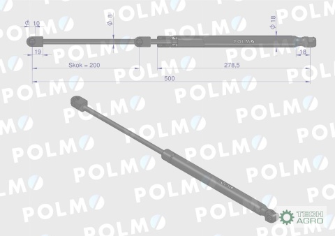 Siłownik szyby tylnej szyby przedniej Lmax. 505mm 3932024P CASE IH DAVID BROWN FORD JOHN DEERE LAMBORGHINI STEYR POLMO