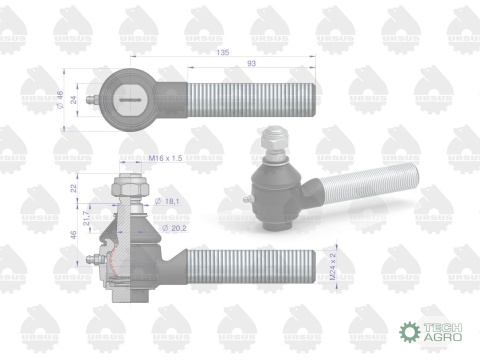Przegub kulowy II gwintowany z nakrętką46635070 50635070 901020 80220019 C-360/385 ORYGINAŁ URSUS