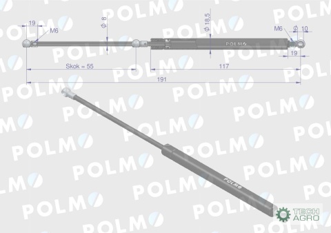 Siłownik drzwi L max. 191mm 5191711P CASE IH NEW HOLLAND STEYR POLMO