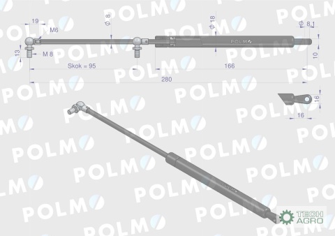 Siłownik szyby przedniej L max. 280mm 62546500P CASE IH FRITZMEIER POLMO