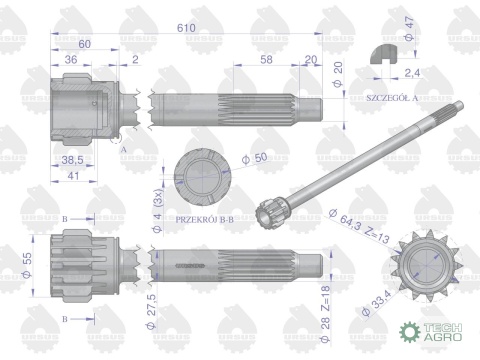 Wałek sprzęgłowy I stopnia C-360-3P ORYGINAŁ URSUS