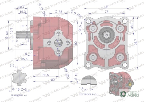 Pompa zębata wzmocniona T-25. do wspomagania MTZ ( Lewa ) WARYŃSKI
