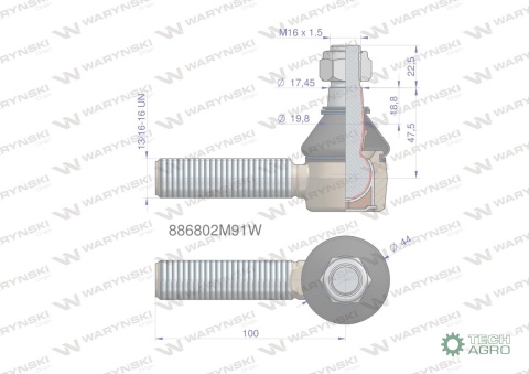 Przegub kierowniczy 100mm- 13/16-16 886802M91 WARYŃSKI