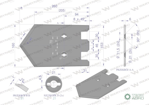 Lemiesz 160mm , listwowy środkowy, zastosowanie Grimme, Waryński