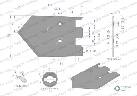 Lemiesz 172 mm, listwowy lewy szerokośćwyorywania 580, zastosowanie Grimme, Waryński