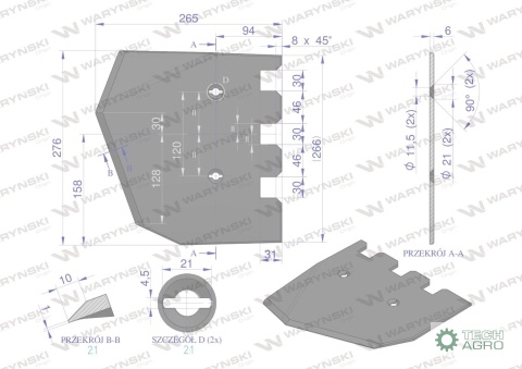 Lemiesz 276 mm, listwowy lewy szerokośćwyorywania 620, zastosowanie Grimme, Waryński