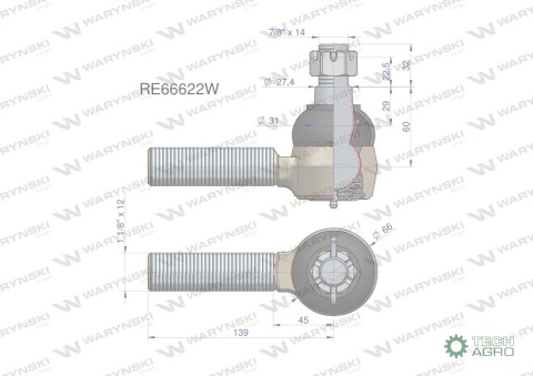 Przegub kierowniczy 139mm - 1 1/8" RE66622 WARYŃSKI