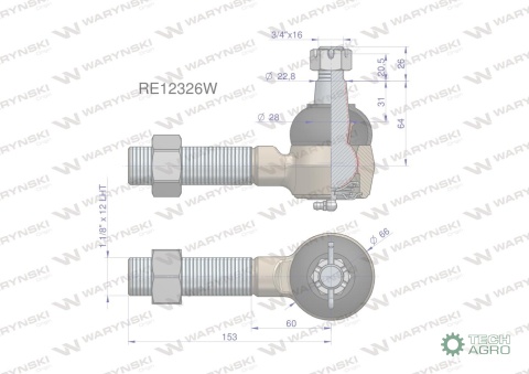 Przegub kierowniczy 153mm - 1 1/8"L RE12326 WARYŃSKI