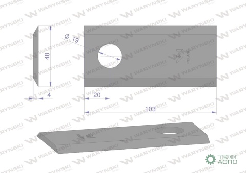Nóż, nożyk kosiarka 103X48X4mm otwór 19zastosowanie 122331 Fella WARYŃSKI ( sprzedawane po 25 )