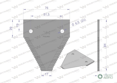 Nóż żniwny 84x76x3mm otwór 6.5 zastosowanie 611203.1 Claas WARYŃSKI ( sprzedawane po 25 )