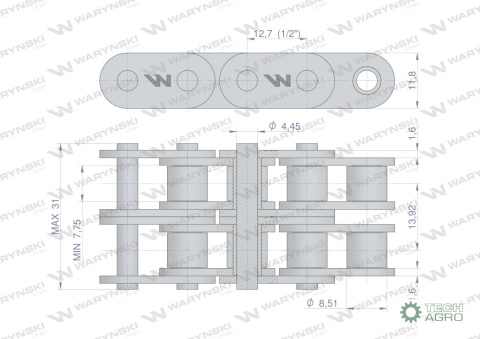 Łańcuch rolkowy prosta płytka 08B-2 (R21/2) 5 m Waryński
