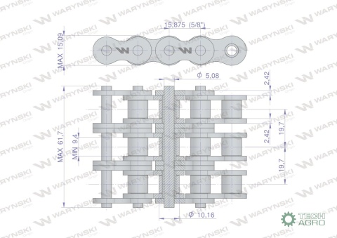 Łańcuch rolkowy wzmocniony przemysłowy 10AH-3 ANSI A 50H (R3 5/8) 5 m Waryński