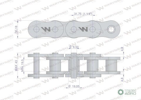 Łańcuch rolkowy wzmocniony przemysłowy 20AH-1 ANSI A 100H (R1 1.1/4) 2.5 m Waryński