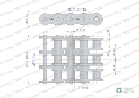 Łańcuch rolkowy wzmocniony przemysłowy 20AH-3 ANSI A 100H (R3 1.1/4) 5 m Waryński
