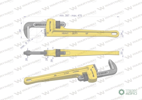 Klucz do rur typ amerykański 18" wzmocniony szczęki CrMo max średnica 73 mm Waryński