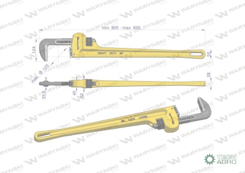 Klucz do rur typ amerykański 36" wzmocniony szczęki CrMo max średnica 125 mm Waryński