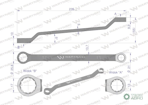 Klucz oczkowy odsadzony 13 x 17 mm. CrVstandard ASME B107.9 Waryński