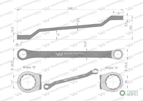 Klucz oczkowy odsadzony 16 x 17 mm. CrVstandard ASME B107.9 Waryński
