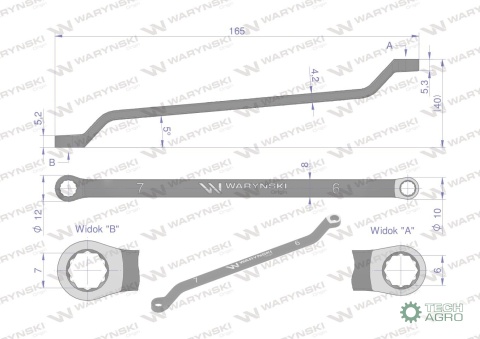 Klucz oczkowy odsadzony 6 x 7 mm. CrV standard ASME B107.9 Waryński