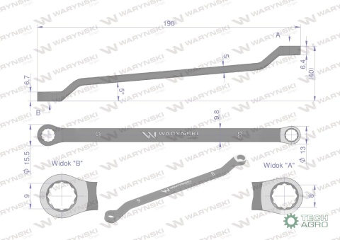 Klucz oczkowy odsadzony 8 x 9 mm. CrV standard ASME B107.9 Waryński