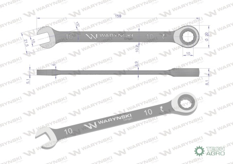 Klucz płasko-oczkowy 10 mm z grzechotką72 zęby standard ASME B107-2010 Waryński