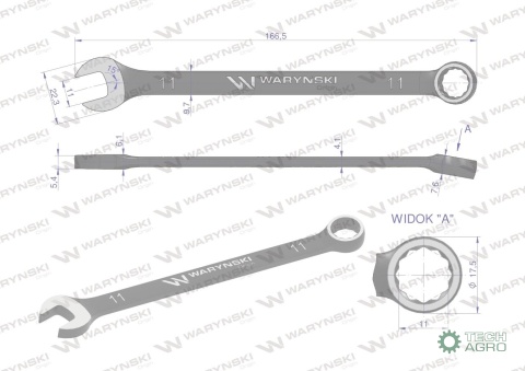 Klucz płasko-oczkowy 11 mm. CrV standard ASME B107-2010 Waryński