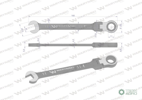 Klucz płasko-oczkowy 11 mm z grzechotką72 zęby i przegubem Waryński