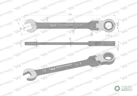 Klucz płasko-oczkowy 12 mm z grzechotką72 zęby i przegubem Waryński
