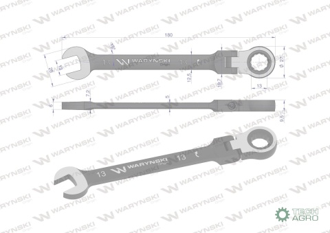 Klucz płasko-oczkowy 13 mm z grzechotką72 zęby i przegubem Waryński
