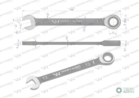Klucz płasko-oczkowy 13 mm z grzechotką72 zęby standard ASME B107-2010 Waryński