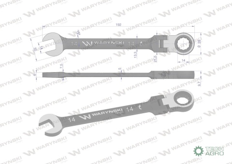 Klucz płasko-oczkowy 14 mm z grzechotką72 zęby i przegubem Waryński